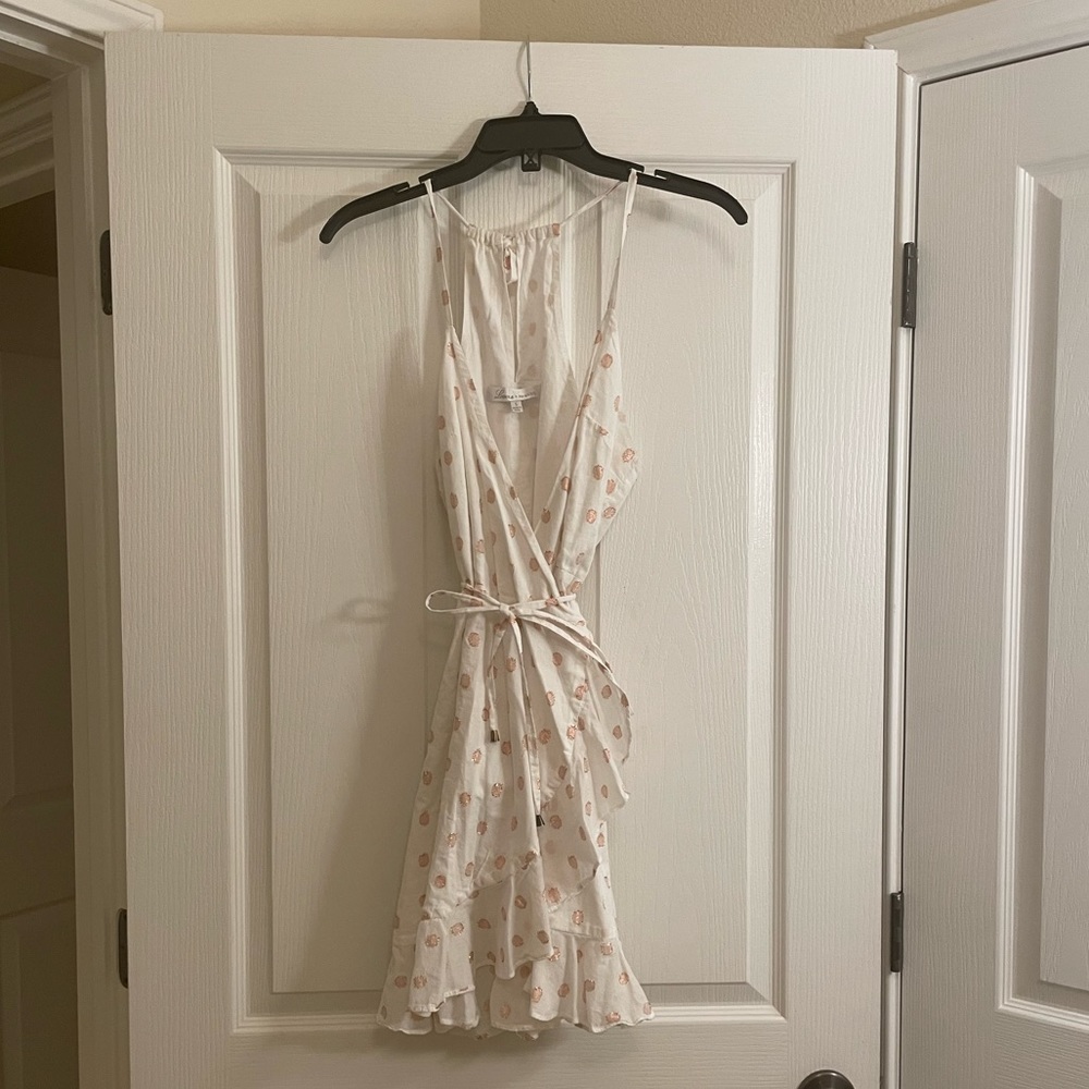 LOVERS + FRIENDS Gigi Polka Dot Print Flounce Wrap Dress in White and Pink - Picture 2 of 13